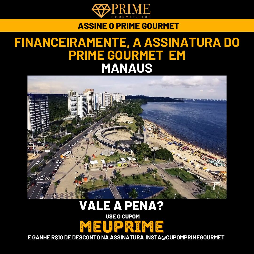 Vista aérea da orla de Manaus com promoção Prime Gourmet.