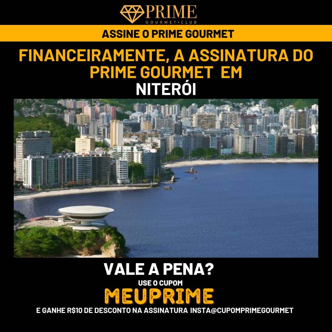 Vista aérea de Niterói e propaganda Prime Gourmet.