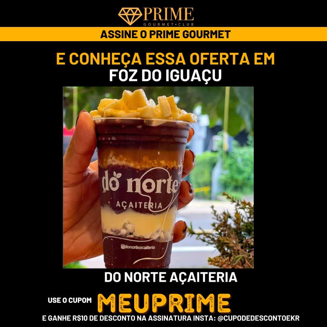 Copo de açaí com frutas e desconto Prime Gourmet.