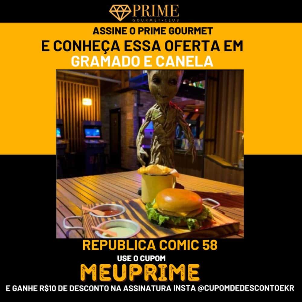 Publicidade Prime Gourmet em restaurante com personagem animado.