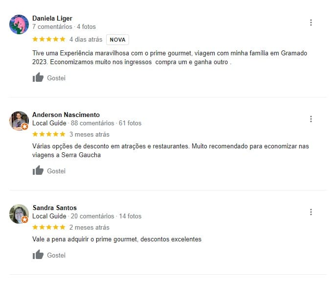Avaliações positivas de descontos em viagens e restaurantes.