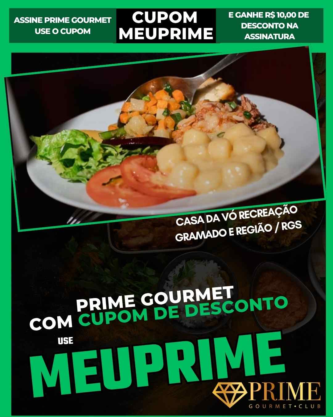 Prato com nhoque, salada e cupom Prime Gourmet