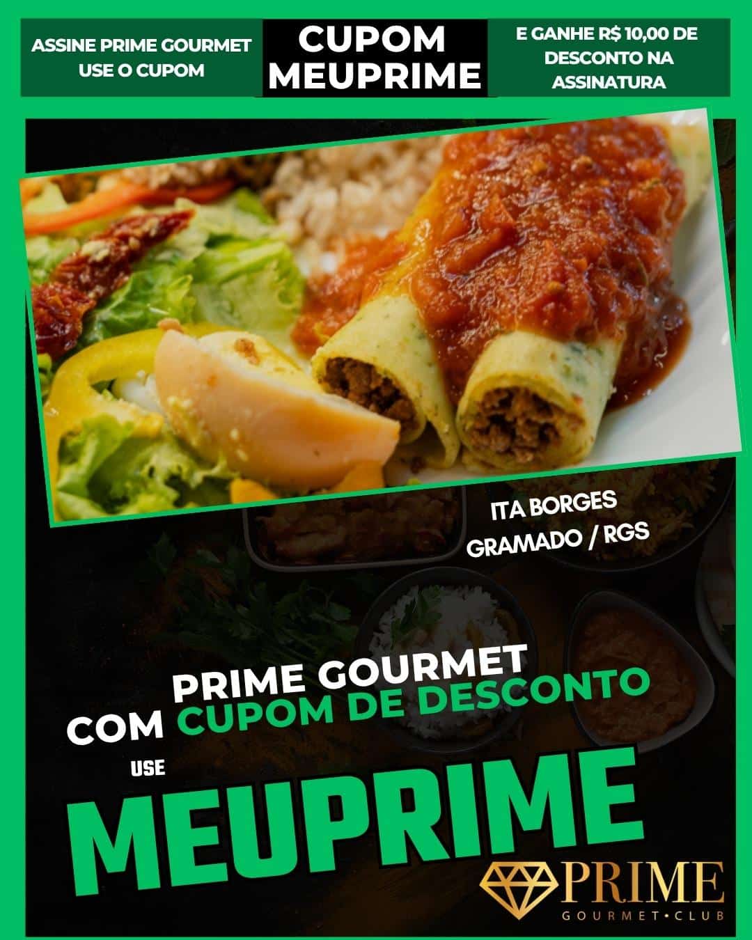 Prato com canelone ao molho e cupom Prime Gourmet
