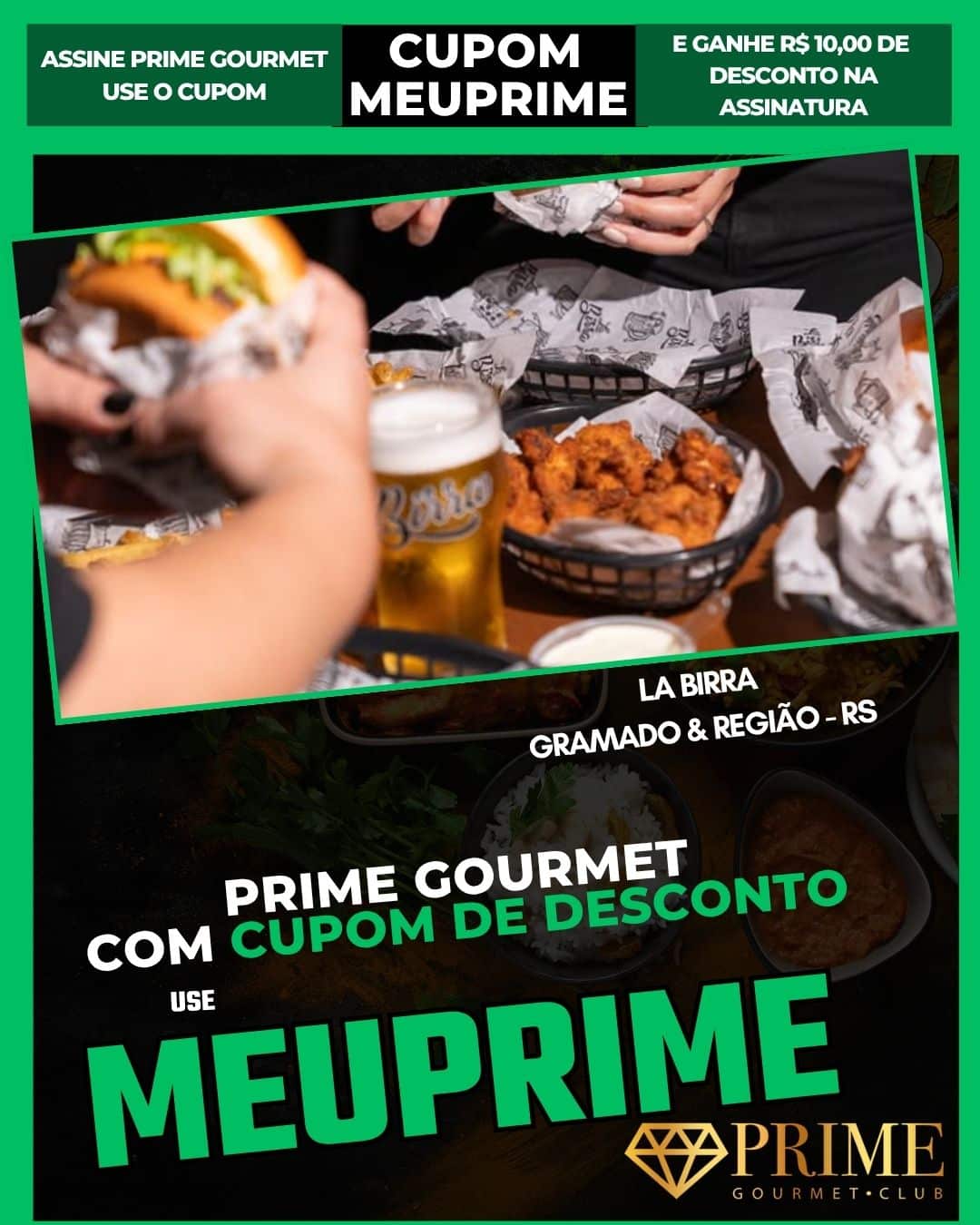 Cupom Prime Gourmet com hambúrguer e cerveja