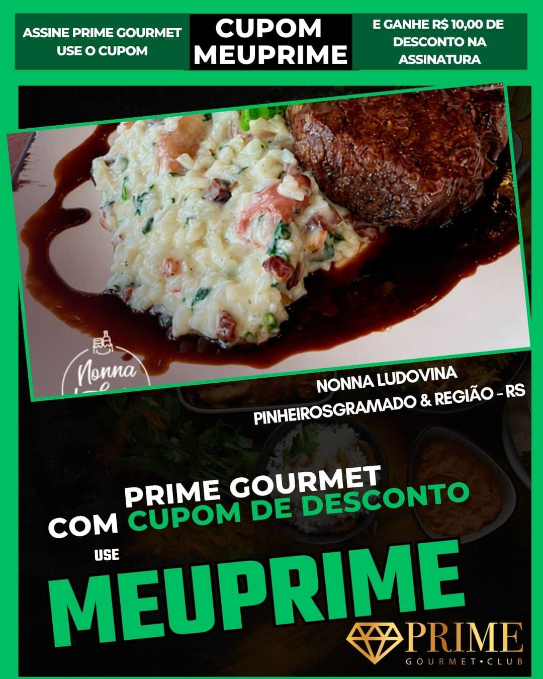 Bife com risoto e cupom Prime Gourmet