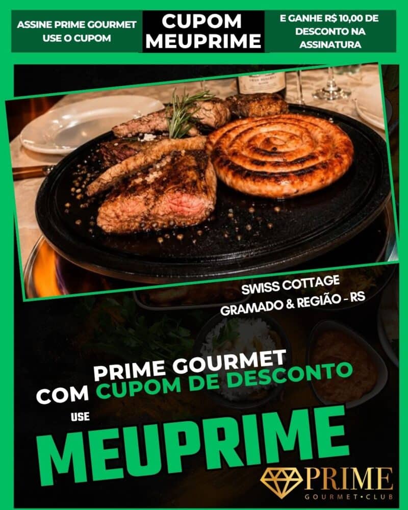 Cupom Prime Gourmet com prato de carnes grelhadas