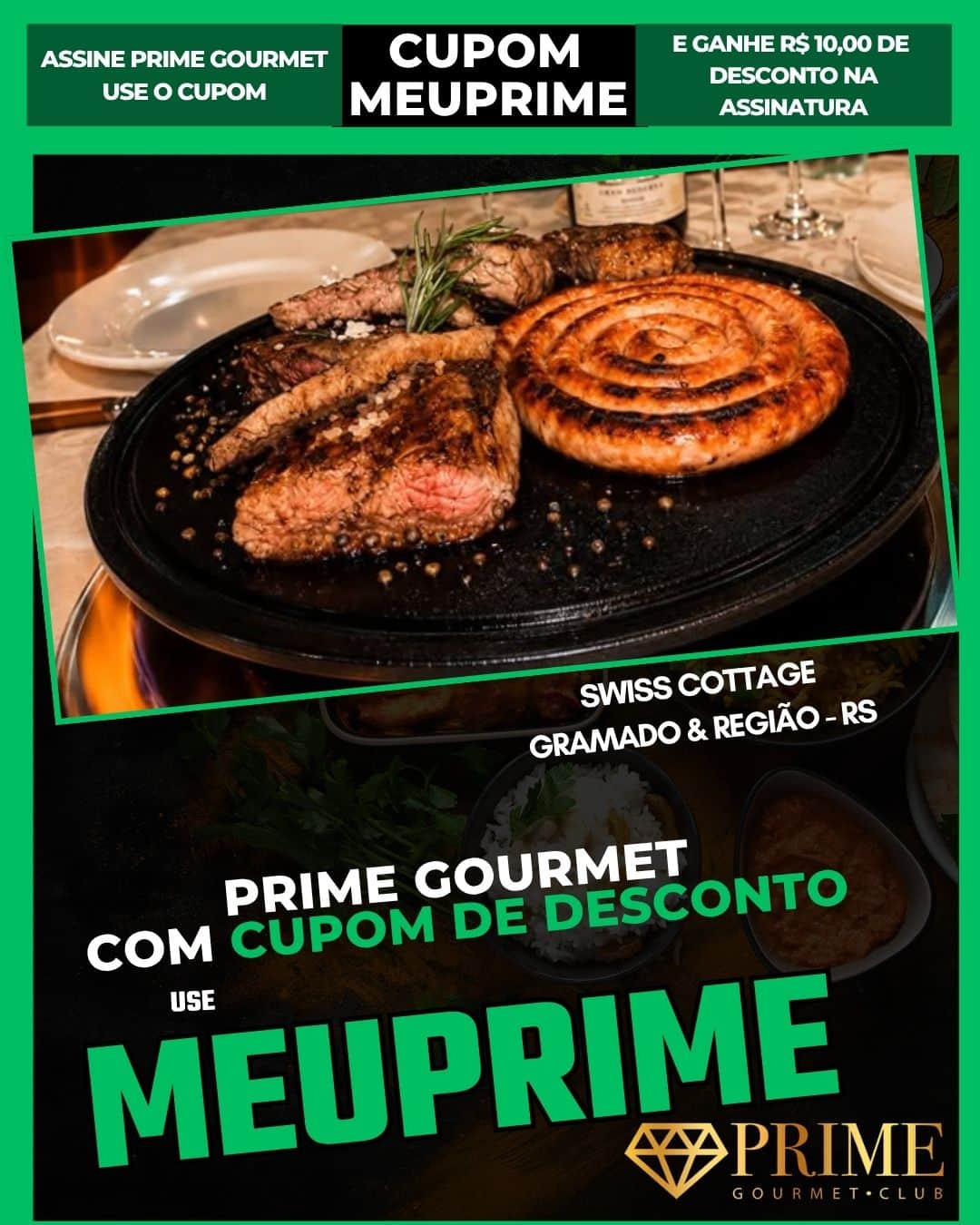 Cupom Prime Gourmet com prato de carnes grelhadas