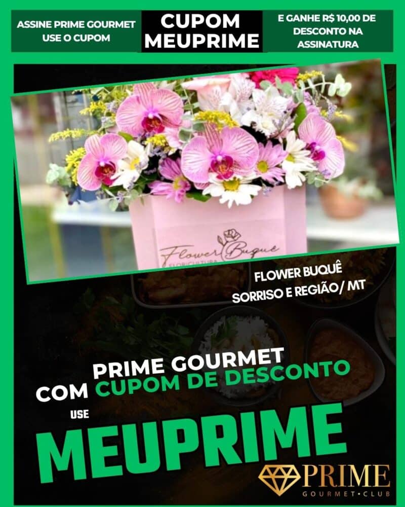 Banner promocional Prime Gourmet com buquê e cupom